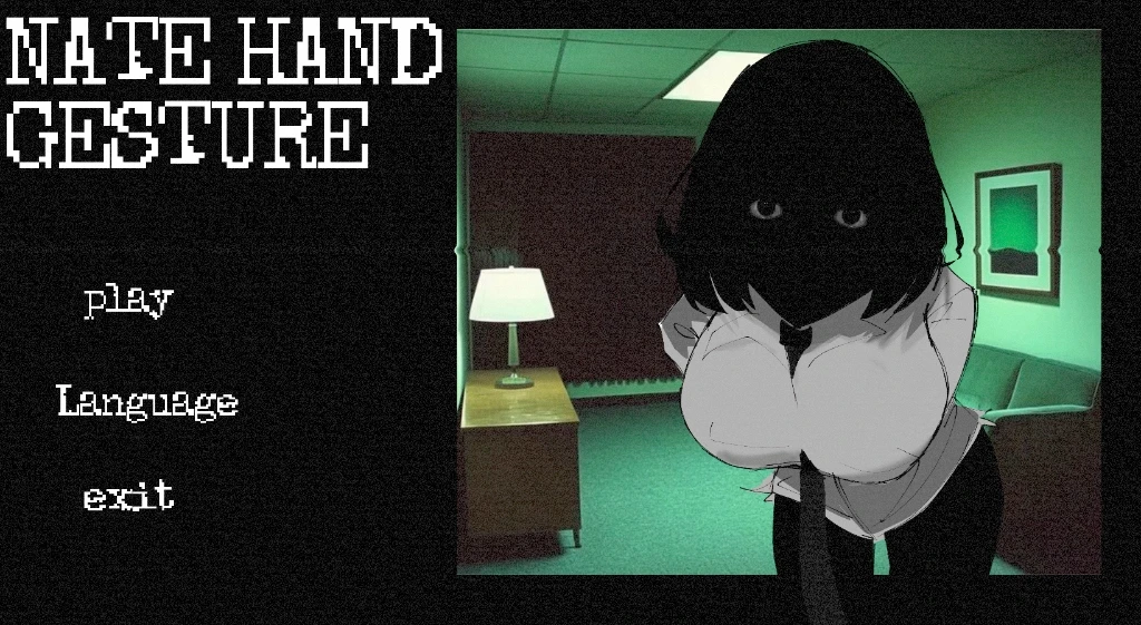 Nate Hand Gesture start screen with retro pixel typography and dark anime silhouette